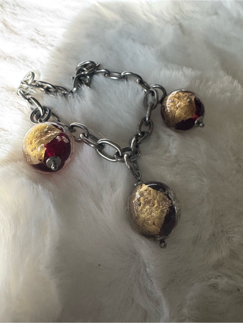 Gold Leaf Charm Bracelet with Red Murano-Style Beads - Women Jewelry